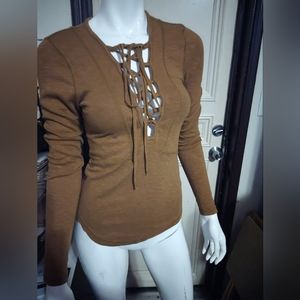 Free people top long sleeve criss Cross lace up  burnt  mustard size XS